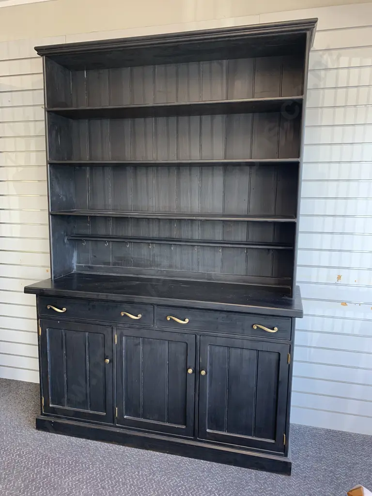 Black Kitchen Wall / China Display Unit With Brass Detail & Cup Hooks, 3 Door, 2 Drawer, 2 Piece, H225 W152 D51cm Image 1++