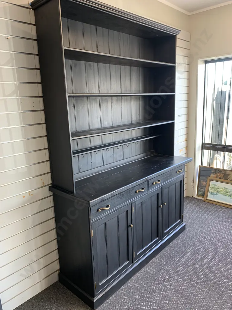 Black Kitchen Wall / China Display Unit With Brass Detail & Cup Hooks, 3 Door, 2 Drawer, 2 Piece, H225 W152 D51cm Image 1++