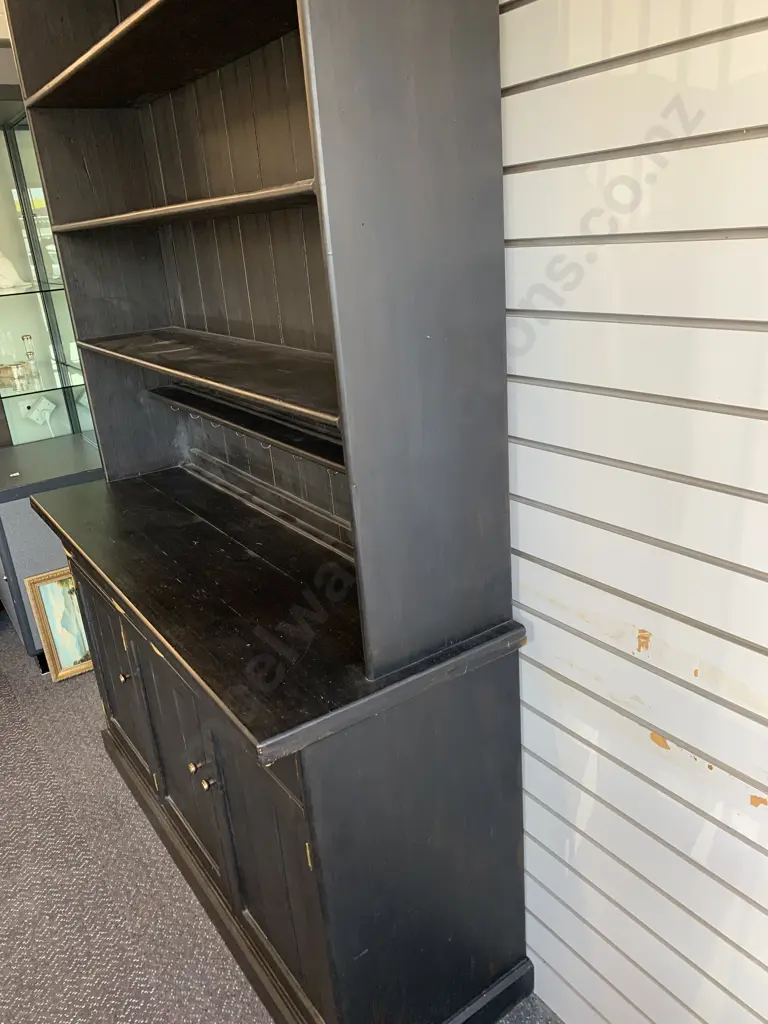Black Kitchen Wall / China Display Unit With Brass Detail & Cup Hooks, 3 Door, 2 Drawer, 2 Piece, H225 W152 D51cm Image 1++