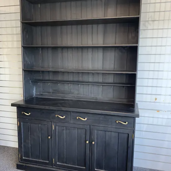 Black Kitchen Wall / China Display Unit With Brass Detail & Cup Hooks, 3 Door, 2 Drawer, 2 Piece, H225 W152 D51cm