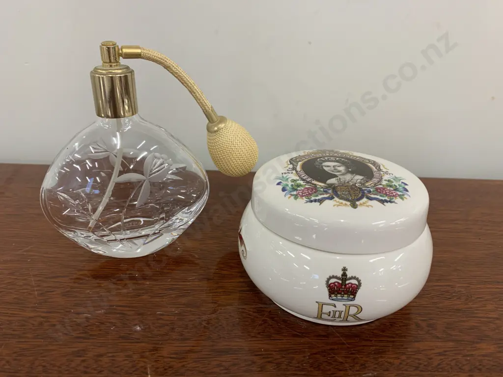 Royal Doulton Etched Crystal Perfume Atomiser & Lidded Lord Nelson China Canister Queen Elizabeth Silver Jubilee Image 1++