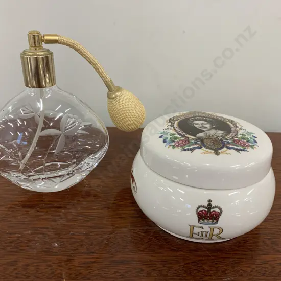 Royal Doulton Etched Crystal Perfume Atomiser & Lidded Lord Nelson China Canister Queen Elizabeth Silver Jubilee