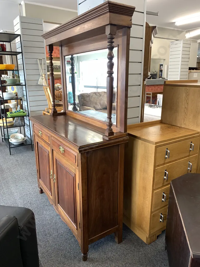 Antique Light Mahogany Raised Mirror Backed Sideboard, Brass Handles, Turned Pillars (AF) H179 W120 D43cm Image 1++