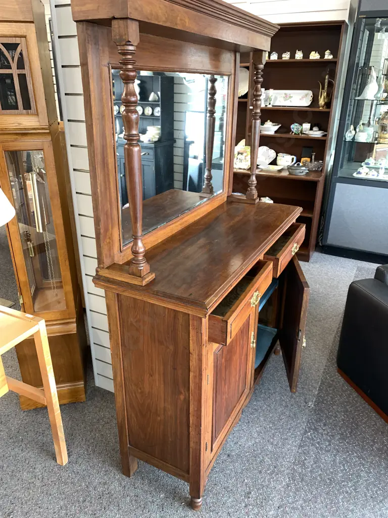 Antique Light Mahogany Raised Mirror Backed Sideboard, Brass Handles, Turned Pillars (AF) H179 W120 D43cm Image 1++