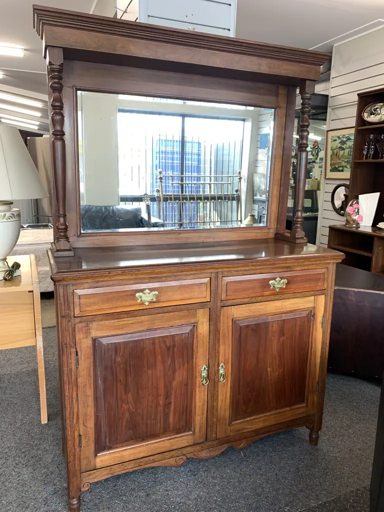 Antique Light Mahogany Raised Mirror Backed Sideboard, Brass Handles, Turned Pillars (AF) H179 W120 D43cm Image 1++