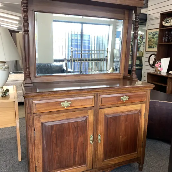 Antique Light Mahogany Raised Mirror Backed Sideboard, Brass Handles, Turned Pillars (AF) H179 W120 D43cm