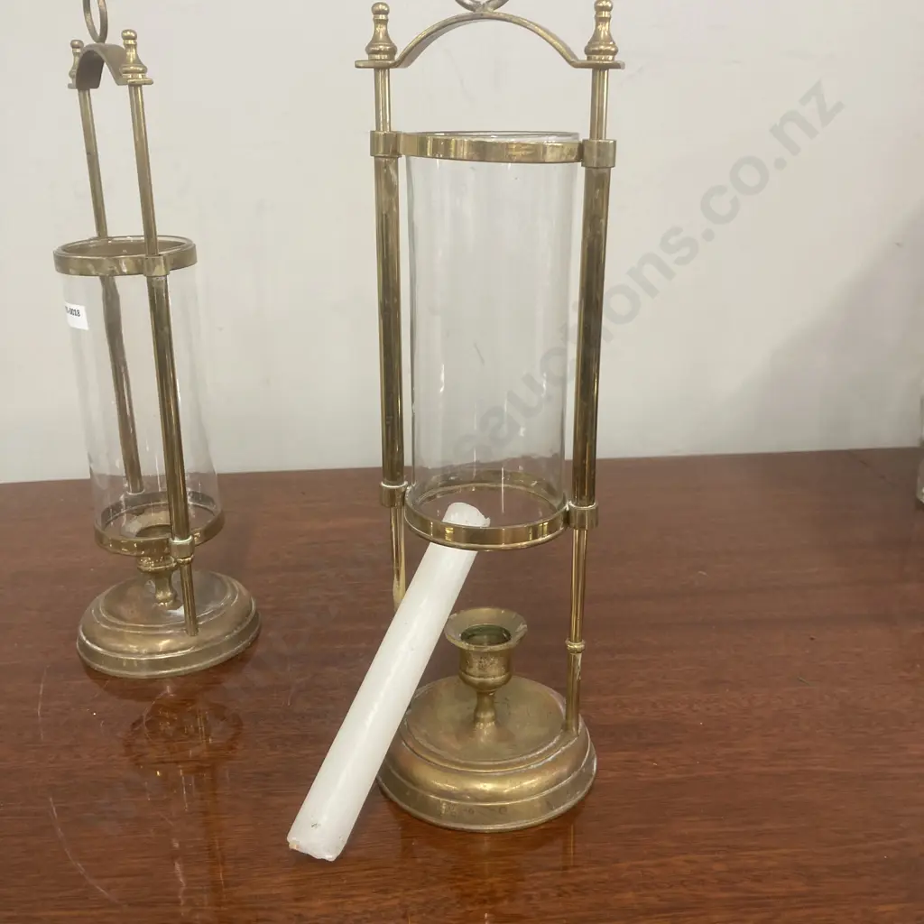 Pair of Vintage Brass Candlestick Candle Holders With Sliding Glass Chimneys, H35cm Image 1++