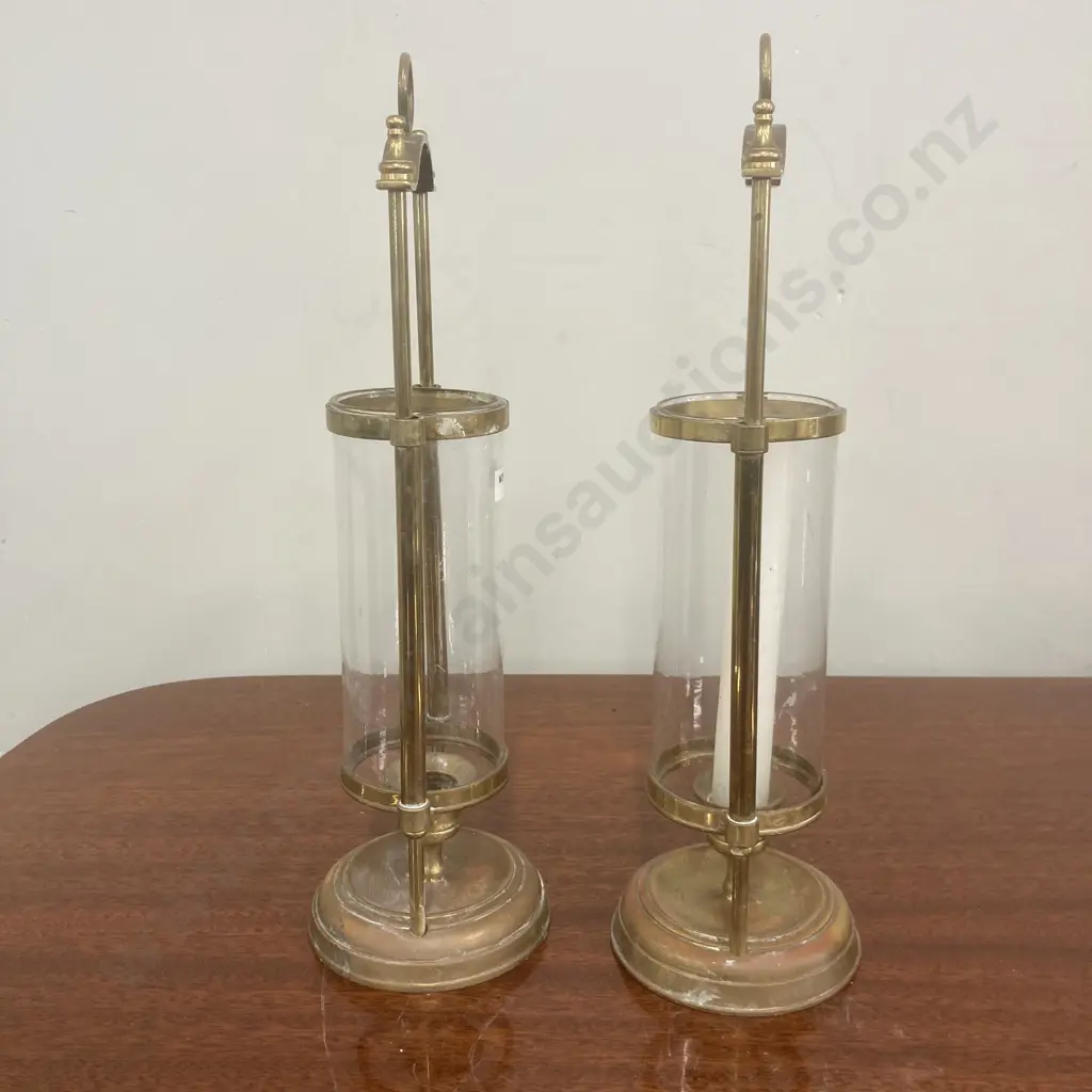 Pair of Vintage Brass Candlestick Candle Holders With Sliding Glass Chimneys, H35cm Image 1++
