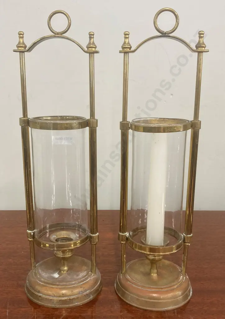 Pair of Vintage Brass Candlestick Candle Holders With Sliding Glass Chimneys, H35cm Image 1++