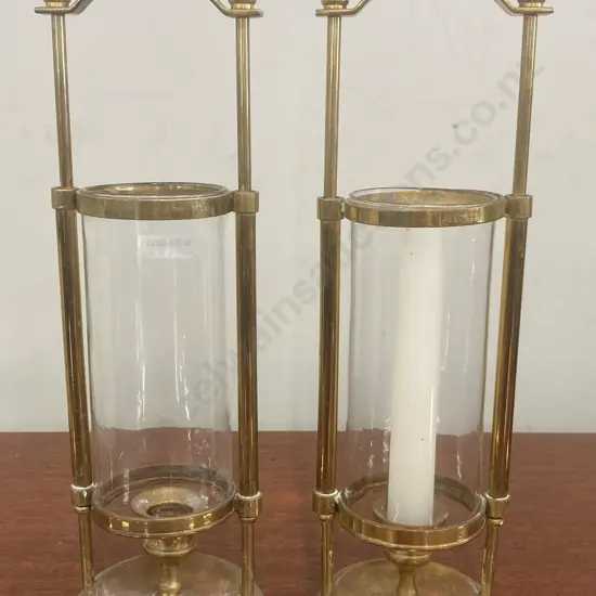 Pair of Vintage Brass Candlestick Candle Holders With Sliding Glass Chimneys, H35cm