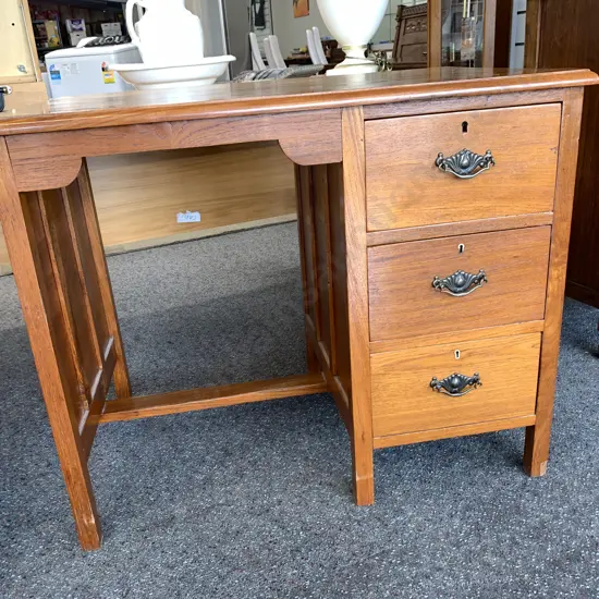 Antique Oak Desk, 3 Drawer, Brass Handles, With Key, H77 W90 D59cm