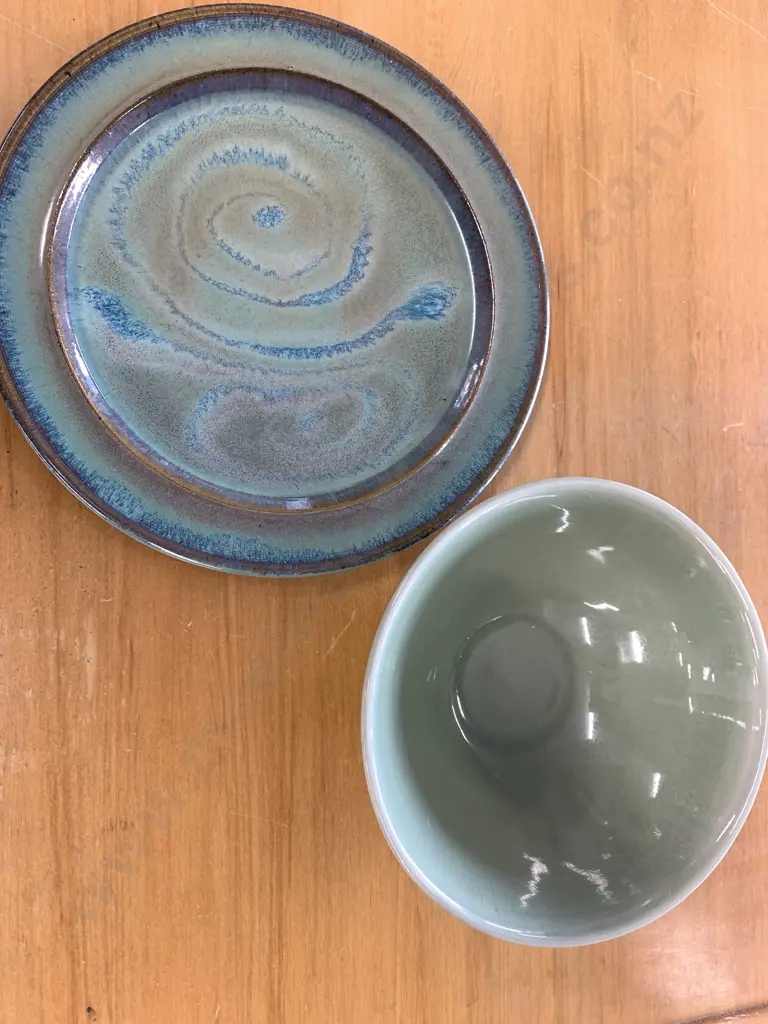 Round Pottery Glazed Platter - Signed With Green Bowl Image 1++