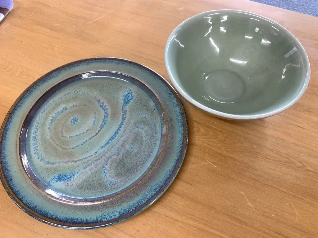 Round Pottery Glazed Platter - Signed With Green Bowl Image 1++