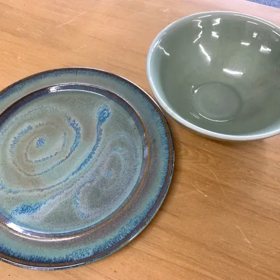 Round Pottery Glazed Platter - Signed With Green Bowl