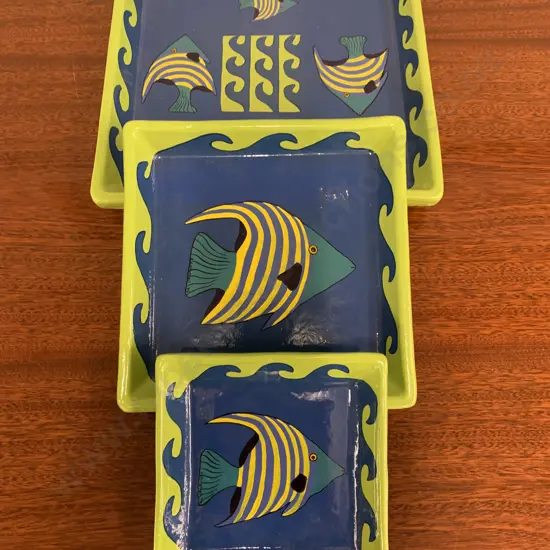 Set of 3 Pottery Square Fish Serving Dishes, Graduated Sizes, Blue / Green, Signed Carrie