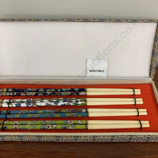 Vintage Set of 4 Pair of Cloisonne Chopsticks In Padded Case