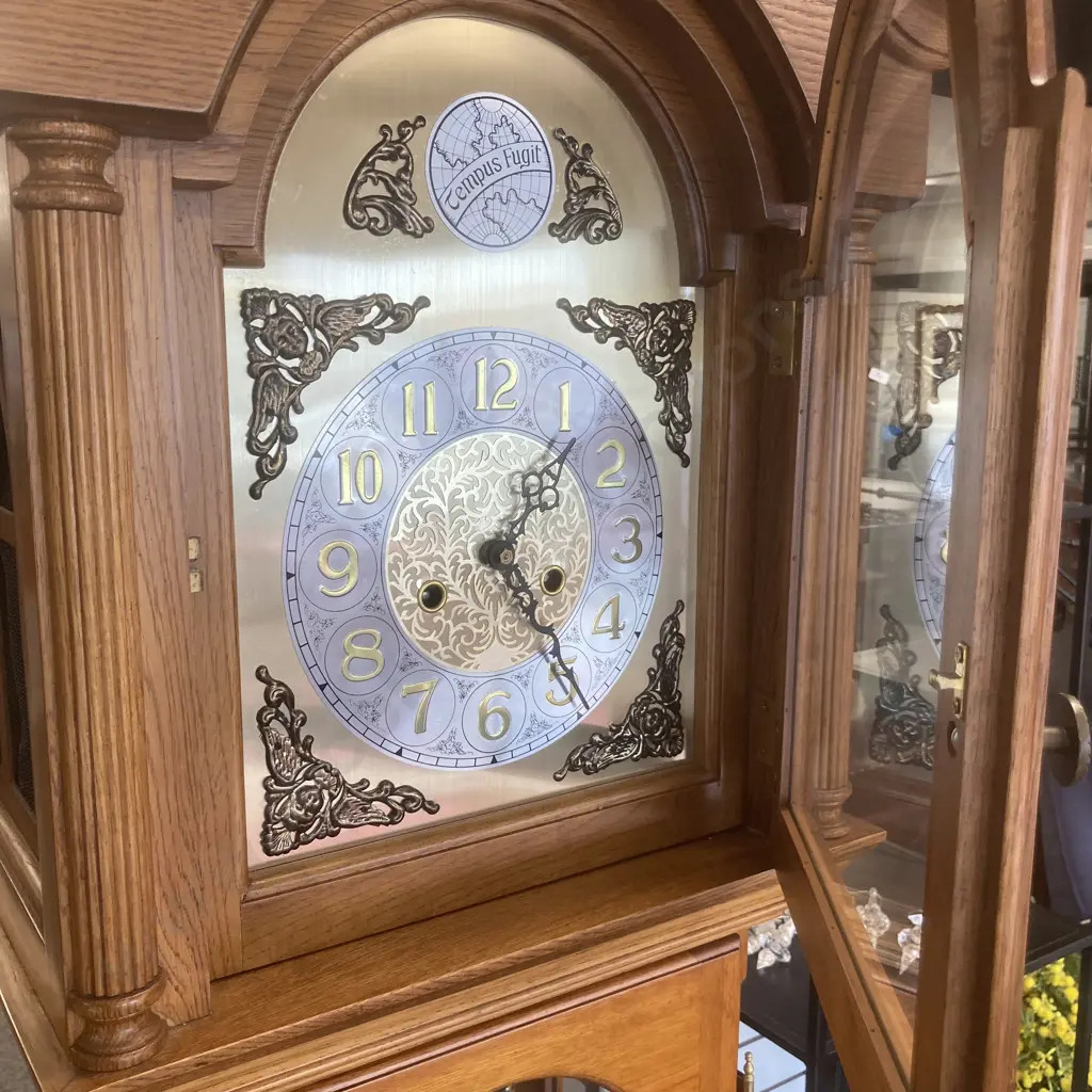 Grandfather / Longcase Clock With Hermle Mechanical Movement With Key, Chiming, Oak & Walnut, H220 W54.5 D33cm Image 1++