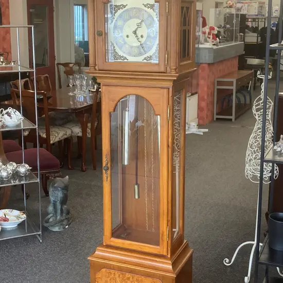 Grandfather / Longcase Clock With Hermle Mechanical Movement With Key, Chiming, Oak & Walnut, H220 W54.5 D33cm
