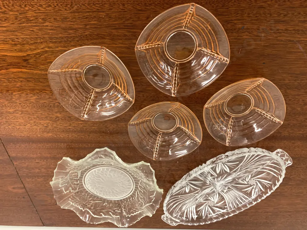 Selection of Vintage Glass Ware, Sectional Platter, Ruffle Edge Bowl, Depression Glass Bowls Image 1++