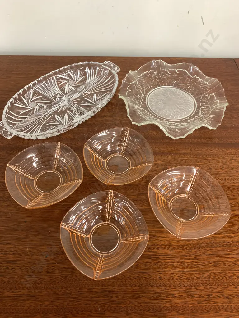 Selection of Vintage Glass Ware, Sectional Platter, Ruffle Edge Bowl, Depression Glass Bowls Image 1++