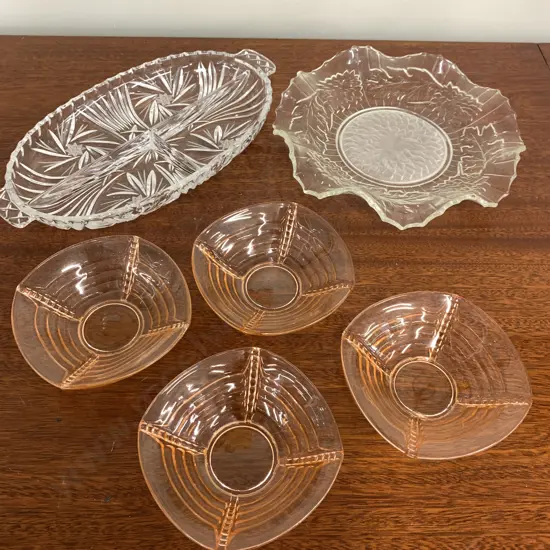 Selection of Vintage Glass Ware, Sectional Platter, Ruffle Edge Bowl, Depression Glass Bowls