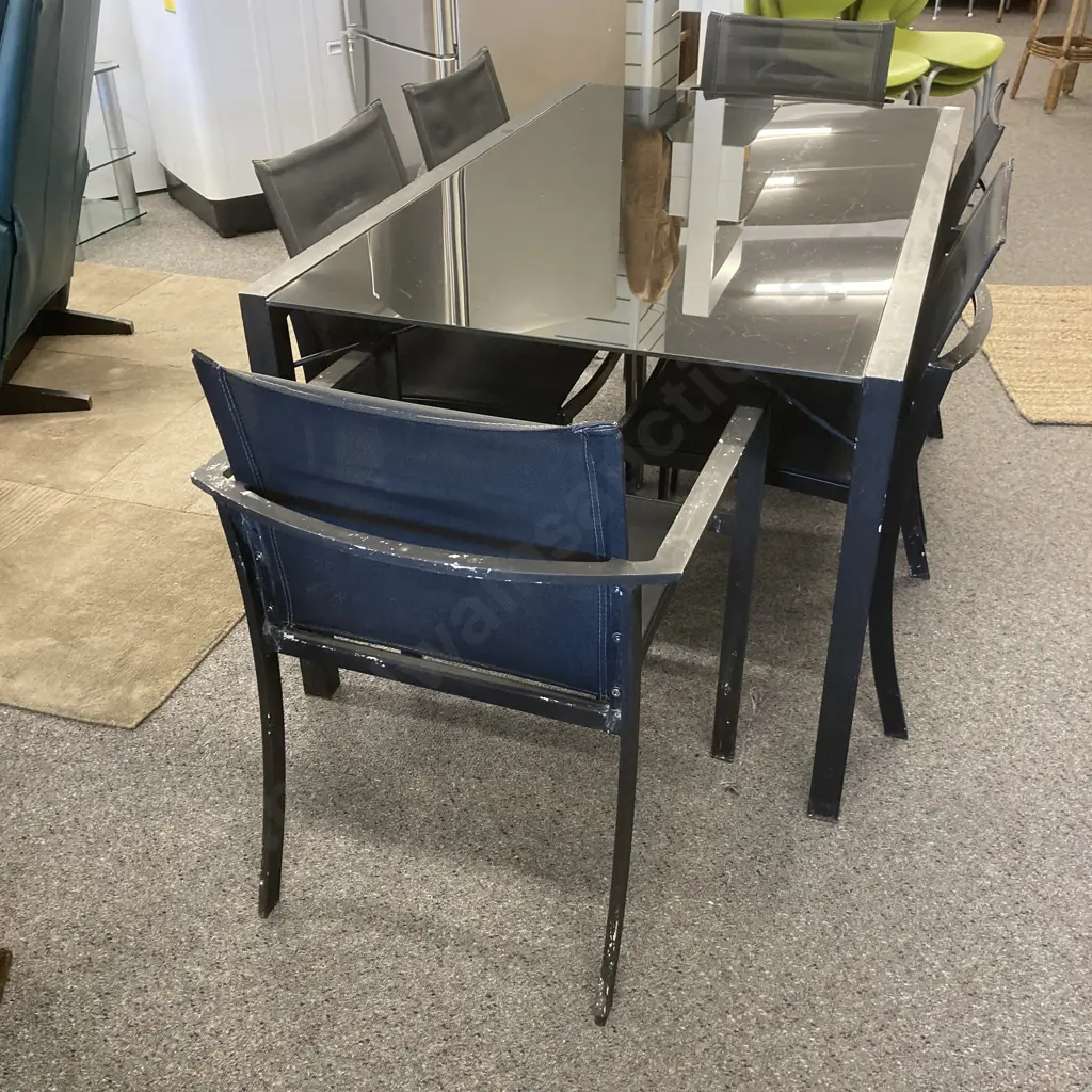Outdoor Aluminium & Black Glass Table With 6 Chairs (2 Armed) , H71 L150 W90cm (Some Paint Coming Off) Image 1++
