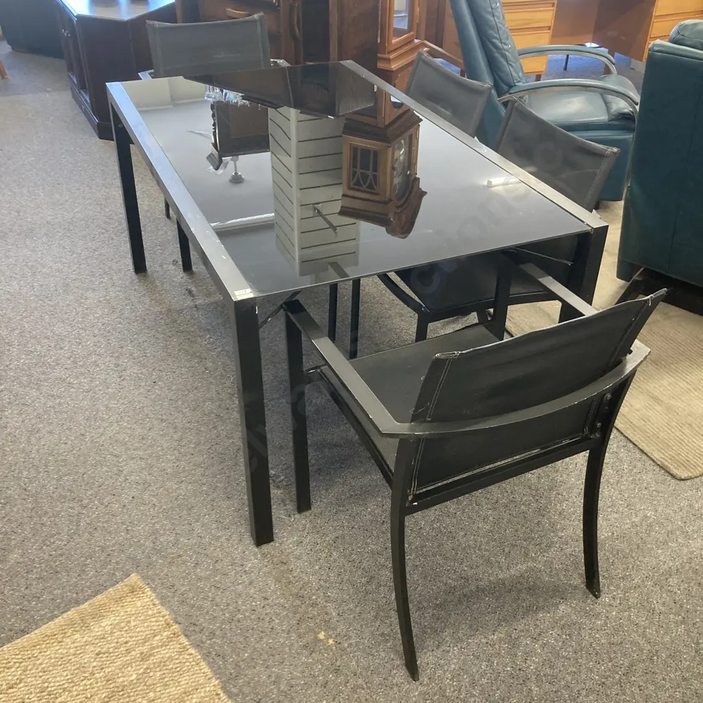 Outdoor Aluminium & Black Glass Table With 6 Chairs (2 Armed) , H71 L150 W90cm (Some Paint Coming Off) Image 1++
