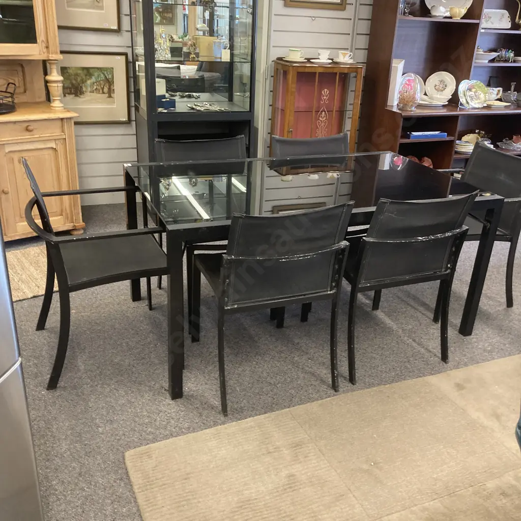 Outdoor Aluminium & Black Glass Table With 6 Chairs (2 Armed) , H71 L150 W90cm (Some Paint Coming Off) Image 1++