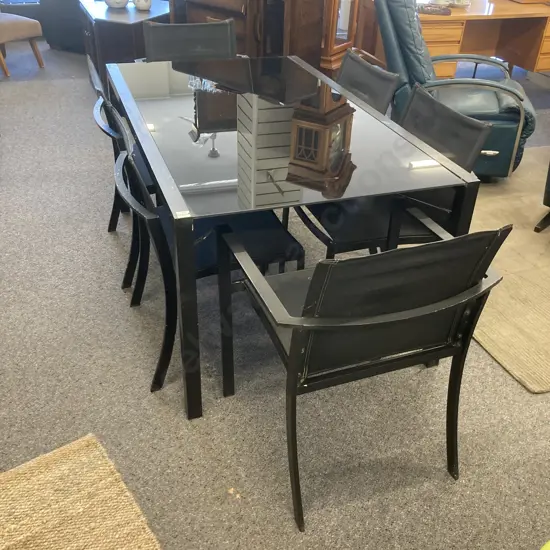 Outdoor Aluminium & Black Glass Table With 6 Chairs (2 Armed) , H71 L150 W90cm (Some Paint Coming Off)