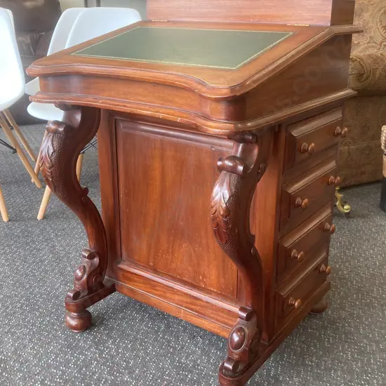 Reproduction Hardwood Davenport Writing Desk With Green Leather Top, 16 Drawers, H84 W55 D56cm,(Missing a Knob))