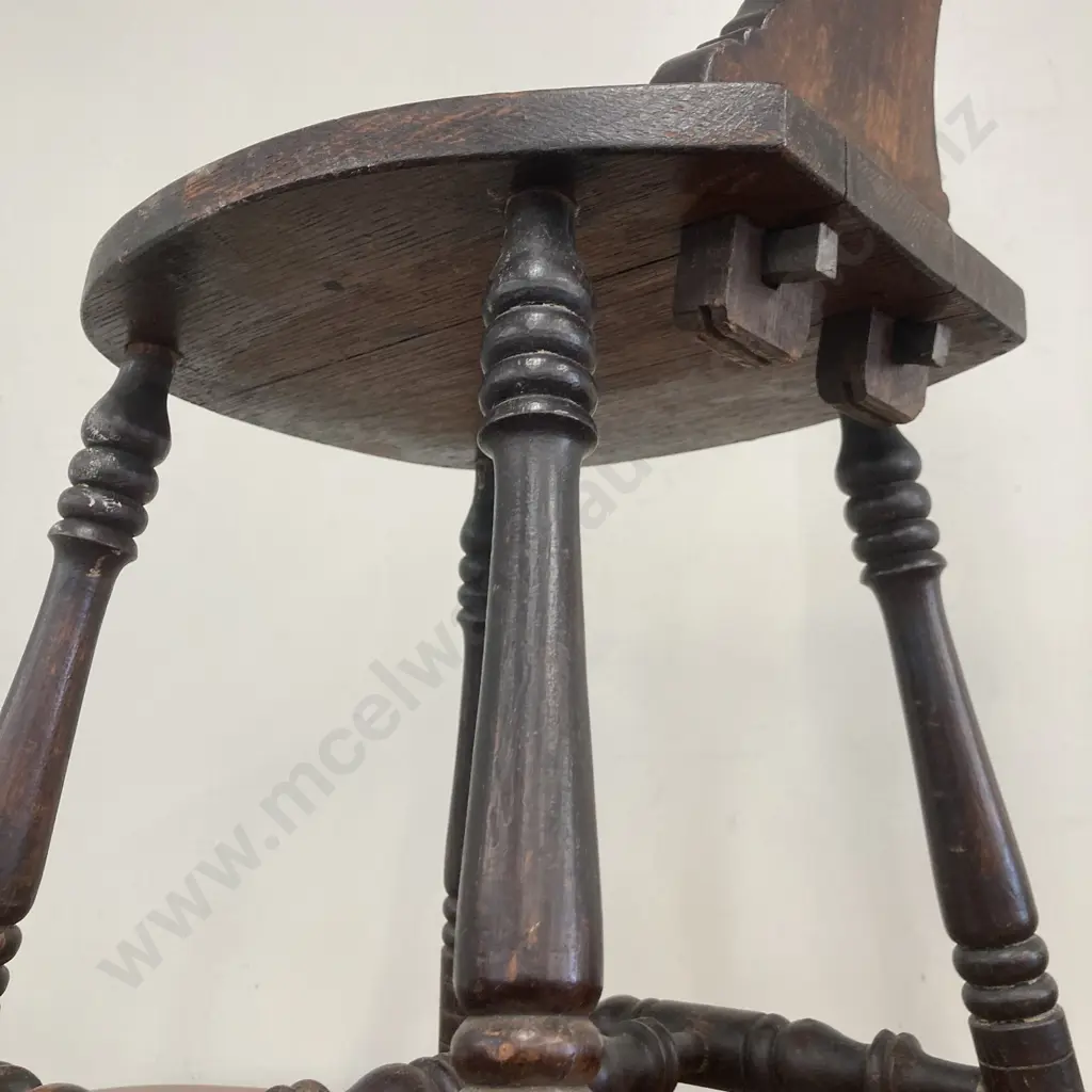 Antique 19th Century Oak Spinning Chair, Carved Seat & Back, Pierced To Top, Four Turned Outsplayed Legs, 93.5 x 37cm Image 1++
