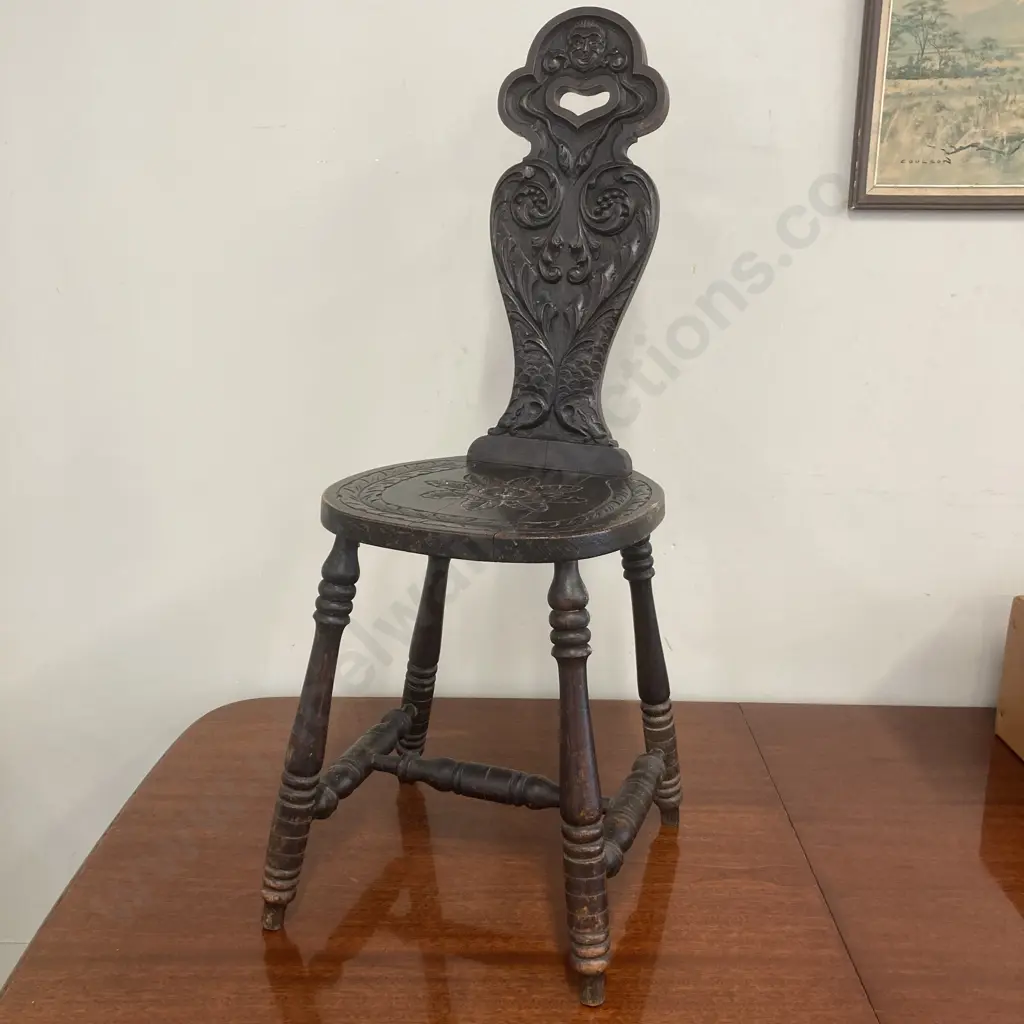 Antique 19th Century Oak Spinning Chair, Carved Seat & Back, Pierced To Top, Four Turned Outsplayed Legs, 93.5 x 37cm Image 1++