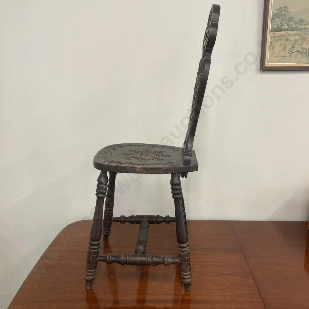 Antique 19th Century Oak Spinning Chair, Carved Seat & Back, Pierced To Top, Four Turned Outsplayed Legs, 93.5 x 37cm Image 1++
