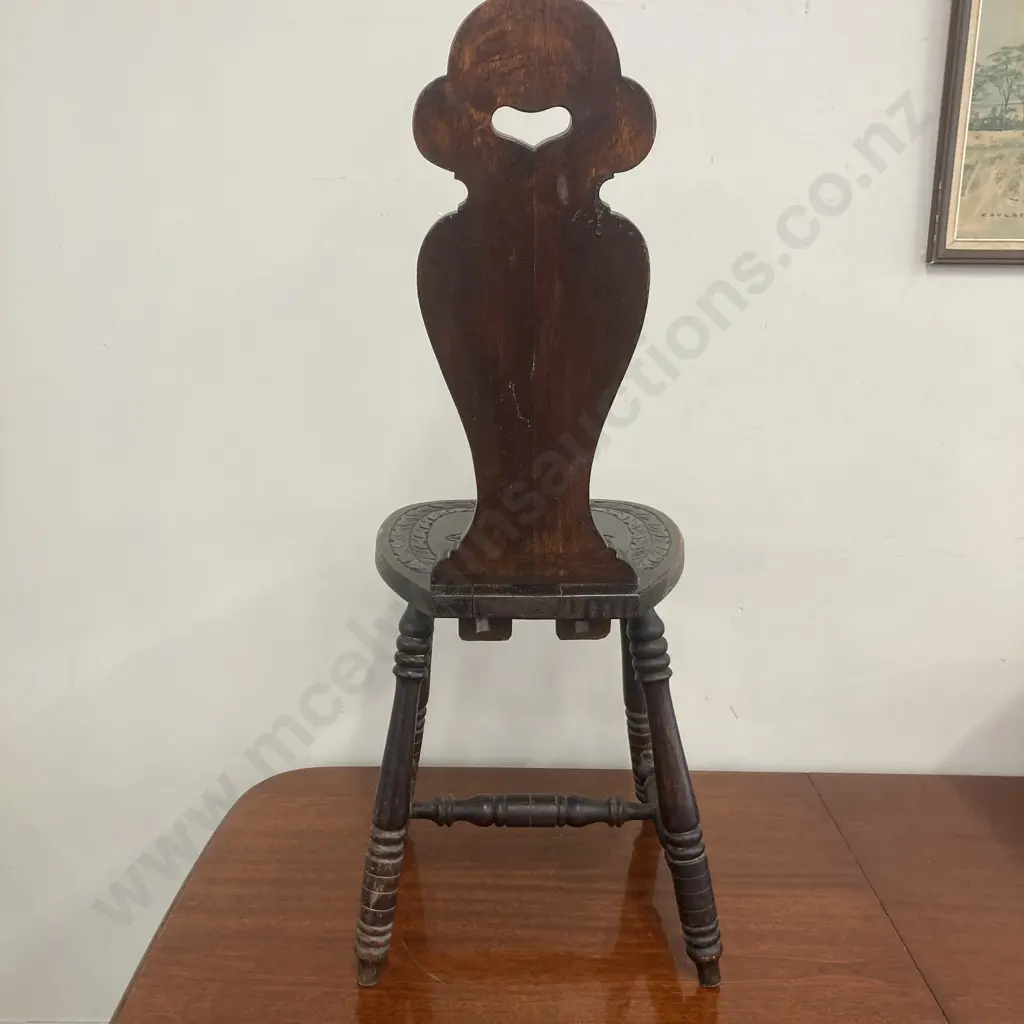 Antique 19th Century Oak Spinning Chair, Carved Seat & Back, Pierced To Top, Four Turned Outsplayed Legs, 93.5 x 37cm Image 1++