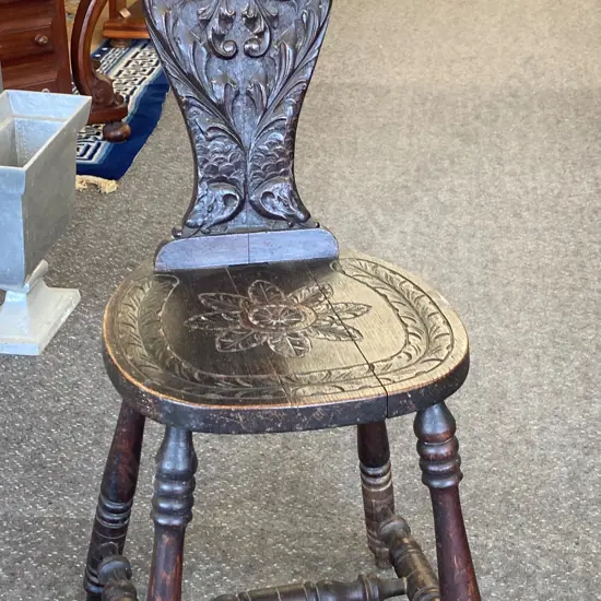 Antique 19th Century Oak Spinning Chair, Carved Seat & Back, Pierced To Top, Four Turned Outsplayed Legs, 93.5 x 37cm