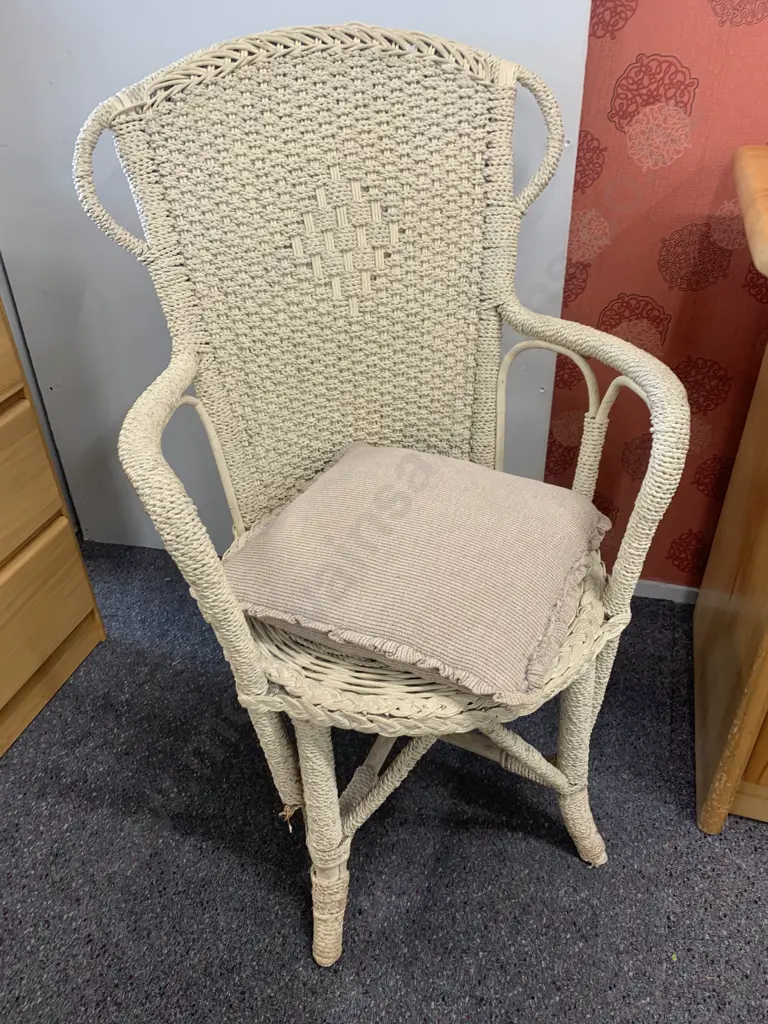 Vintage Antique Cream Cane Chair With Cushion, 90 x 54cm Image 1++