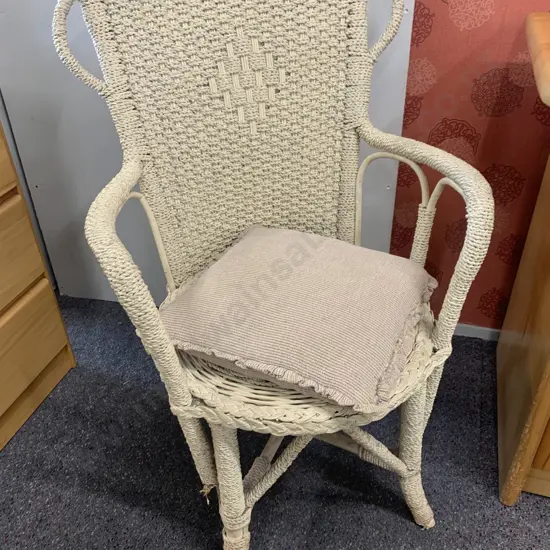 Vintage Antique Cream Cane Chair With Cushion, 90 x 54cm