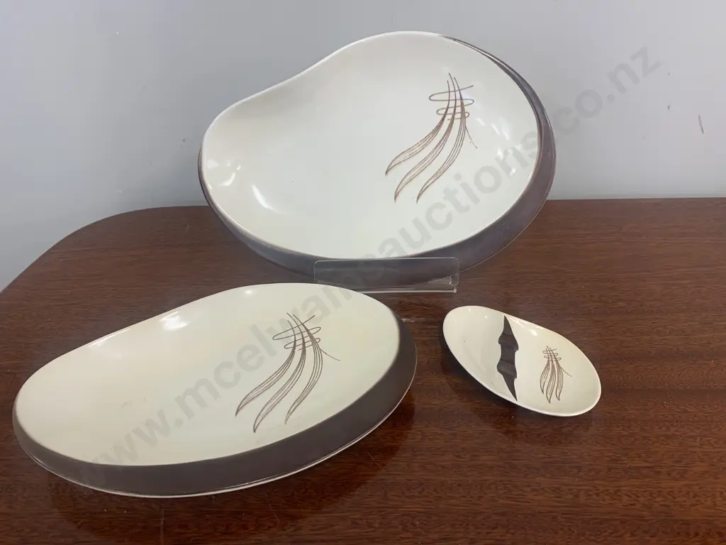Rare Quirky Art Deco Handpainted Carlton Ware "Wind Swept" Serving Dishes x2 & Small Nibbles Dish Cream/Brown Image 1++