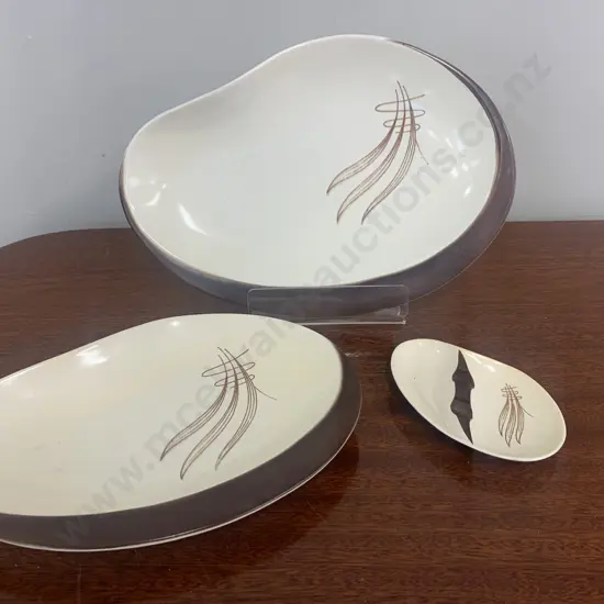Rare Quirky Art Deco Handpainted Carlton Ware "Wind Swept" Serving Dishes x2 & Small Nibbles Dish Cream/Brown
