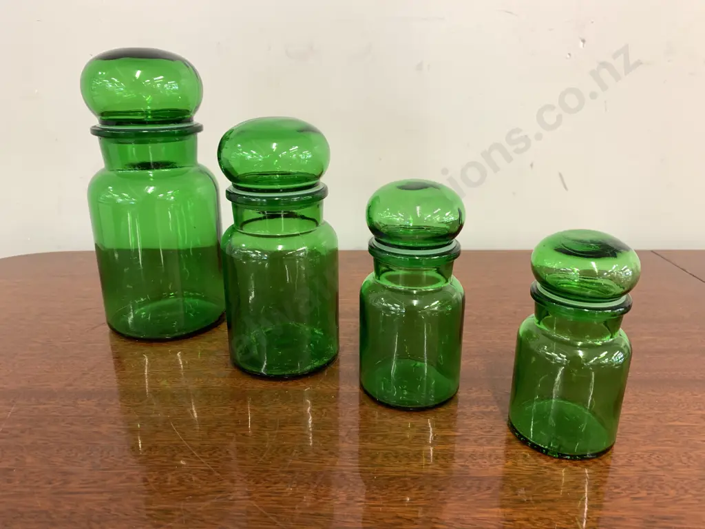 Vintage Green Glass Canisters Set Of Four Graduated Sizes Image 1++