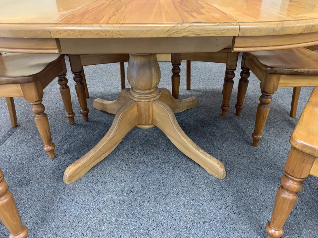 Solid Rimu 6 Seater Round Extn Dining Suite, 75 x 120 (165 Extended), 6 x Curved Slat Back Moulded Wooden Chairs Image 1++