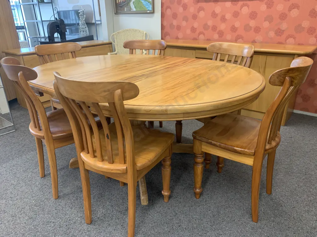Solid Rimu 6 Seater Round Extn Dining Suite, 75 x 120 (165 Extended), 6 x Curved Slat Back Moulded Wooden Chairs Image 1++