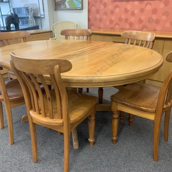 Solid Rimu 6 Seater Round Extn Dining Suite, 75 x 120 (165 Extended), 6 x Curved Slat Back Moulded Wooden Chairs