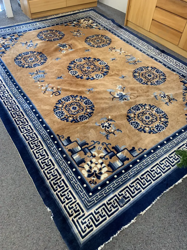 Large Floor Rug Navy, Pale Blue And Gold Tones (af to edge & a patch ) L320cm,W230cm. Image 1++
