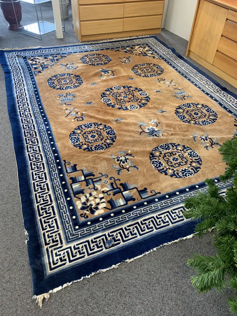 Large Floor Rug Navy, Pale Blue And Gold Tones (af to edge & a patch ) L320cm,W230cm. Image 1++
