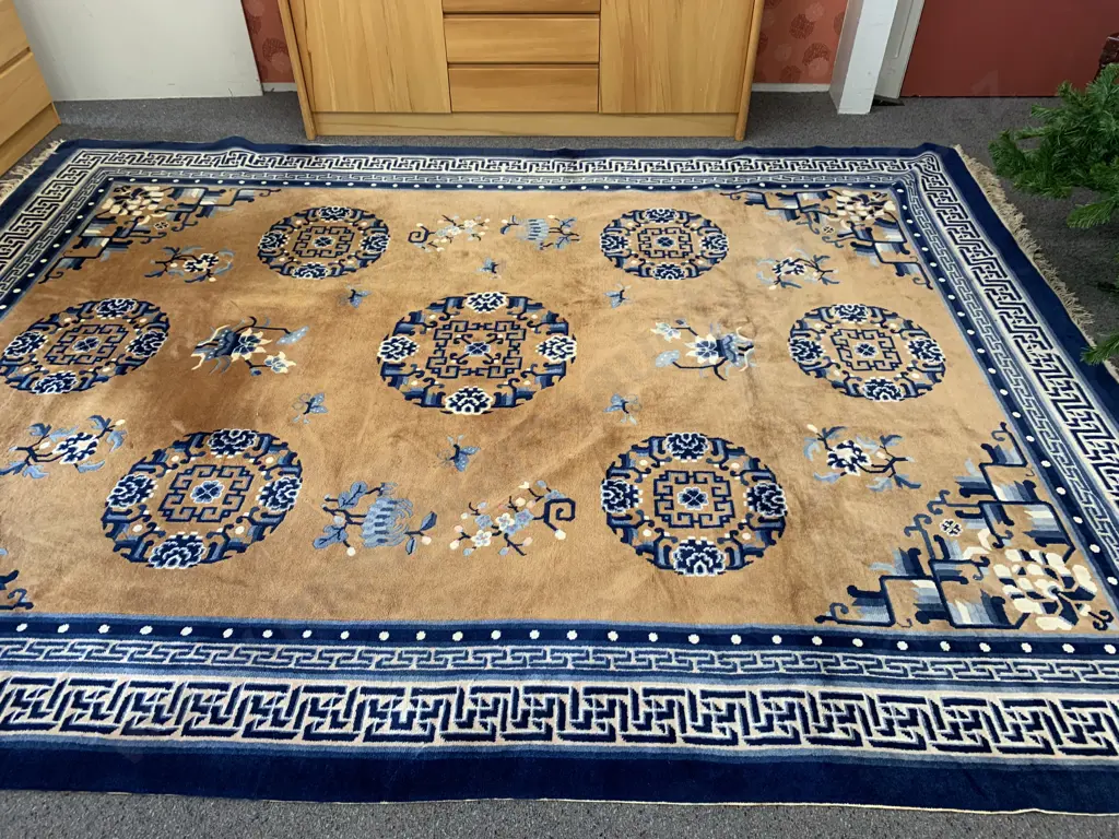Large Floor Rug Navy, Pale Blue And Gold Tones (af to edge & a patch ) L320cm,W230cm. Image 1++