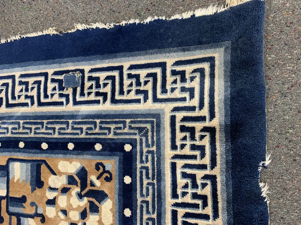 Large Floor Rug Navy, Pale Blue And Gold Tones (af to edge & a patch ) L320cm,W230cm. Image 1++