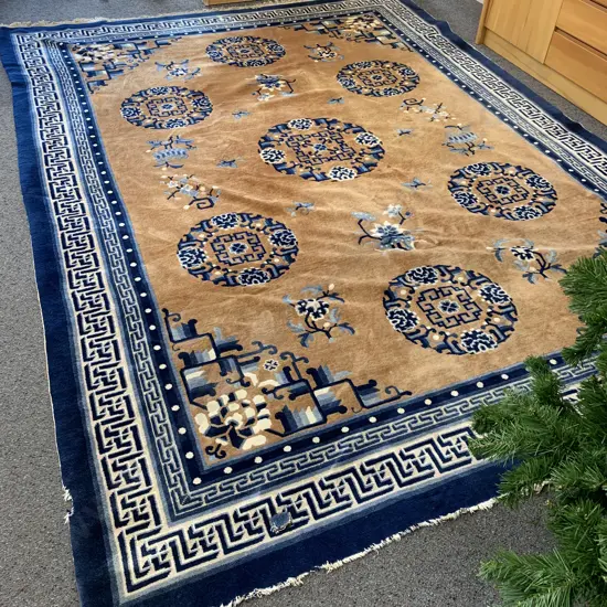 Large Floor Rug Navy, Pale Blue And Gold Tones (af to edge & a patch ) L320cm,W230cm.