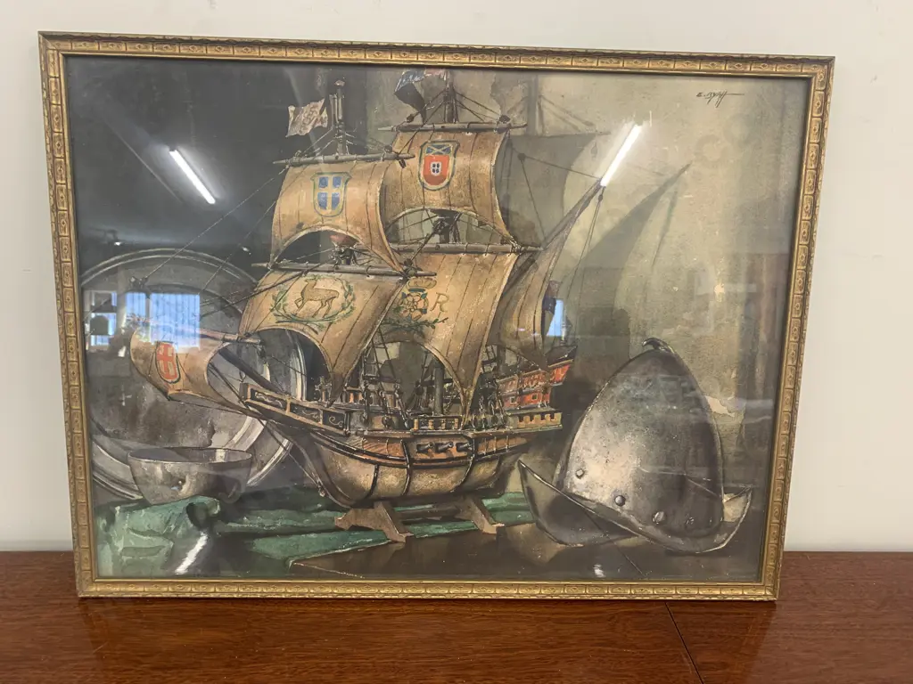 Vintage Framed Watercolour Regency Style Interior Scene Model Galleon With Pewter Salver& Helmet By E Byatt 50x60cm Image 1++