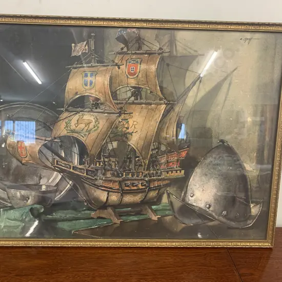 Vintage Framed Watercolour Regency Style Interior Scene Model Galleon With Pewter Salver& Helmet By E Byatt 50x60cm